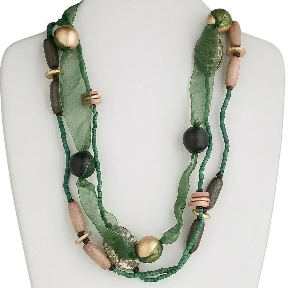 Handcrafted Green Brown Ethnic Coconut Wood Organza Ribbon 3-Strand Necklace 44$